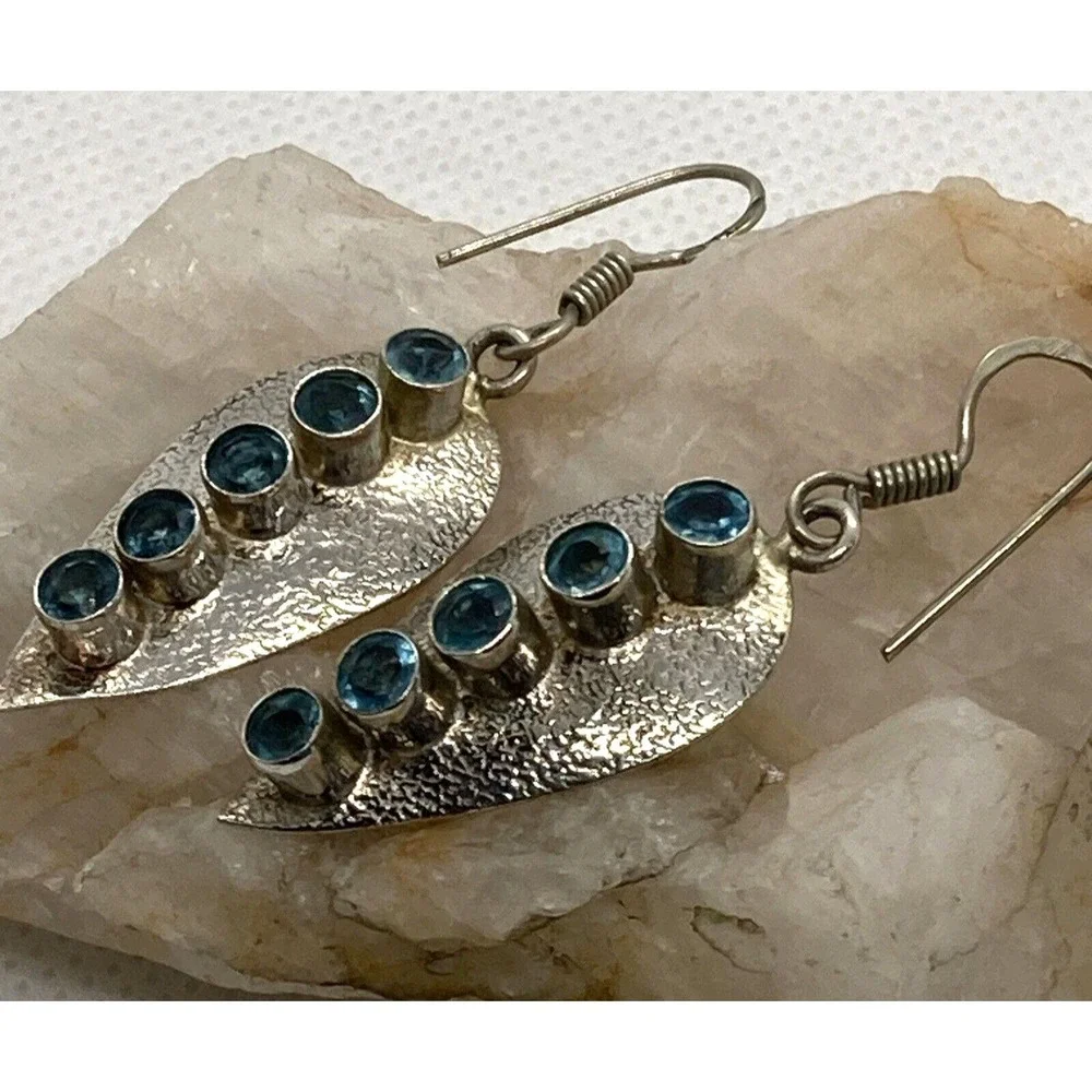 Vintage Round Blue Cubic Zirconia Dangle Drop Earrings Sterling 925‎ Silver 6.1g